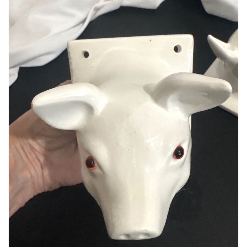 Vintage White Ceramic Pig Head Wall Plaques Set of 2 Japan Glossy Orange Eyes - Picture 6 of 6